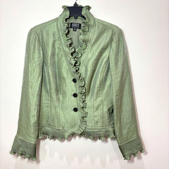 Adrianna Papell Green Satin Evening Jacket Women 10P Ruffles Fairy Shimmer - Picture 1 of 11